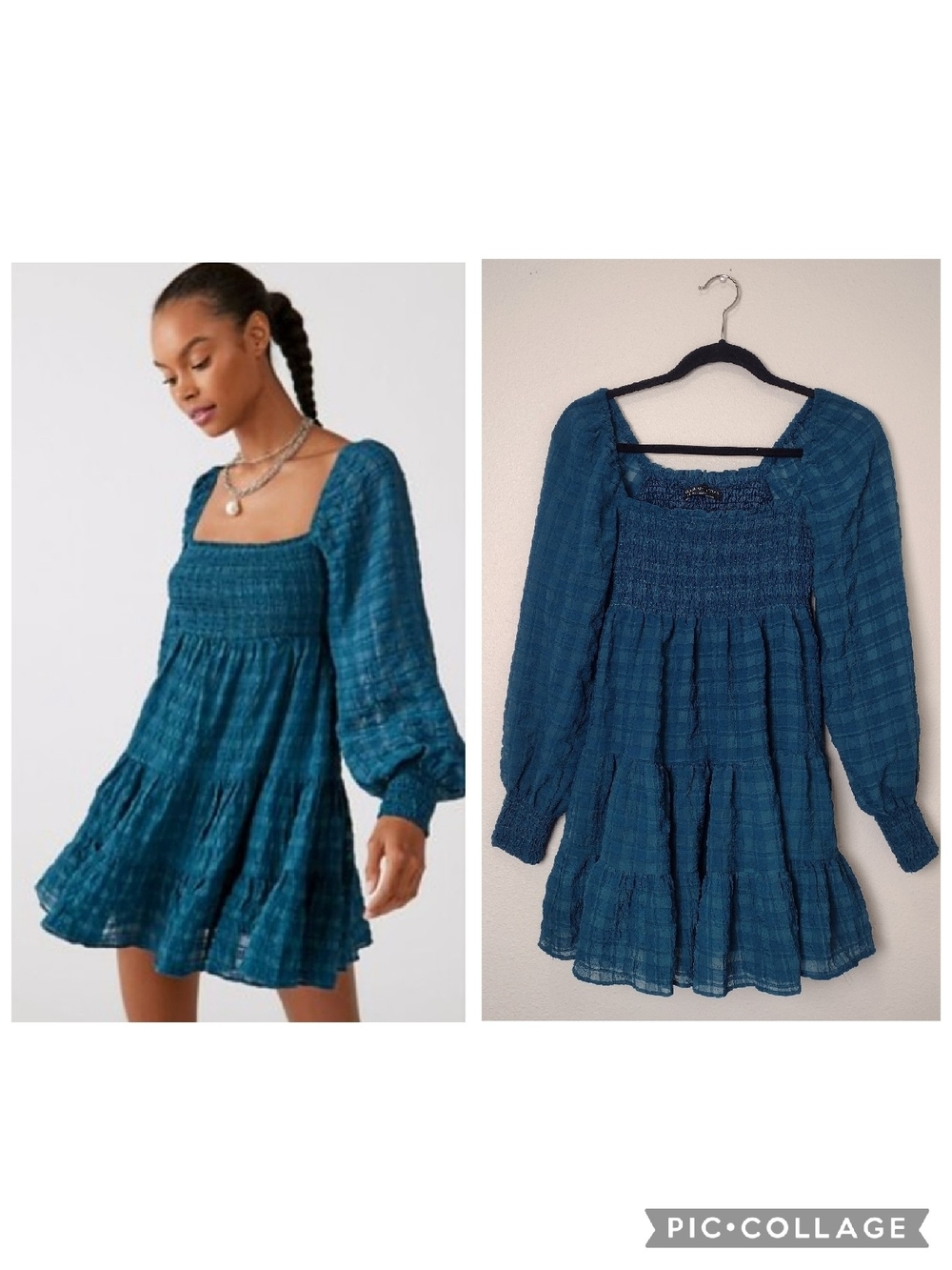 Urban Outfitters River Smocked Babydoll Mini Dress Long Sleeve Plaid Teal XS